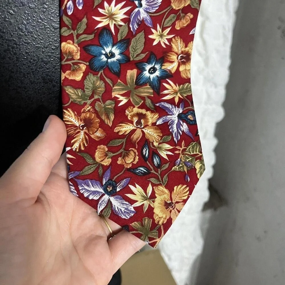 Reed St James Mens‎ Floral Necktie Burgundy Red Blue Botanical Print USA Made
